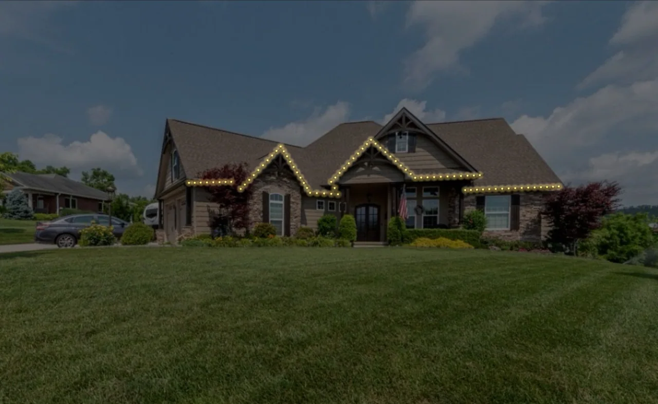 Design mockup showing warm-white lights along the front roofline of a home