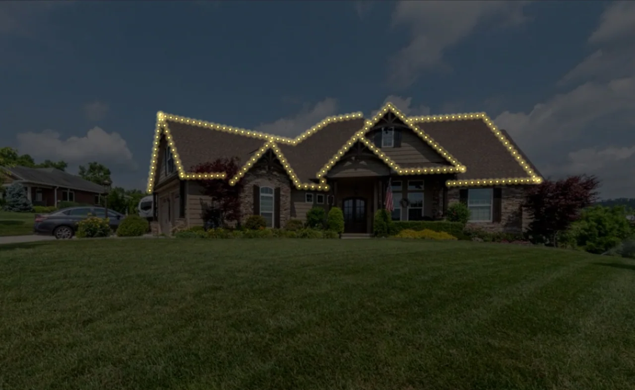 Design mockup extending warm-white lights along the ridges and outer roofline of the same home