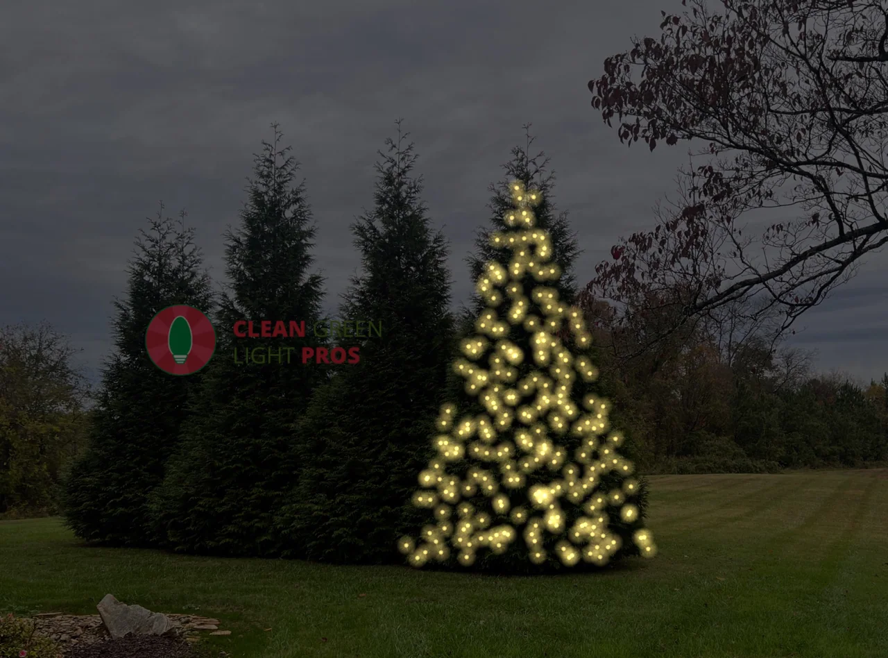 Design mockup showing an evergreen tree decorated with warm-white Christmas lights